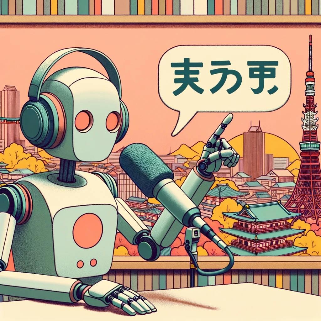 DALL-E 3: Subtly colored drawing of a robot in a podcast studio, microphone in front, with a moderately vibrant backdrop of famous Japanese landmarks. The robot has muted tones while pointing to a delicately colored Japanese phrase on a whiteboard.